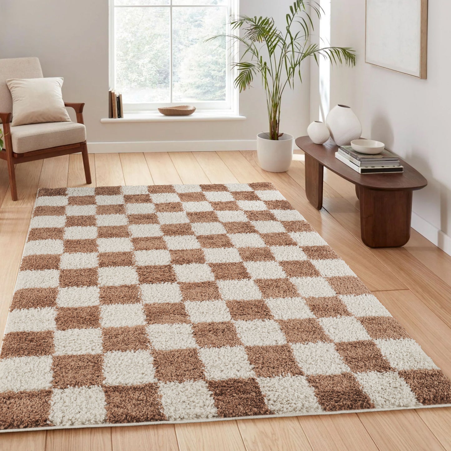 Chester Living Room Shaggy Area Rug Modern - Contemporary Checkered Design - 8 Colours Available
