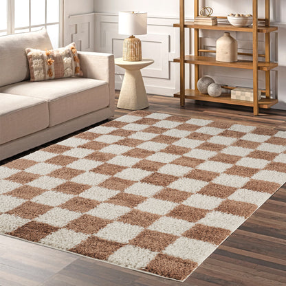 Chester Living Room Shaggy Area Rug Modern - Contemporary Checkered Design - 8 Colours Available