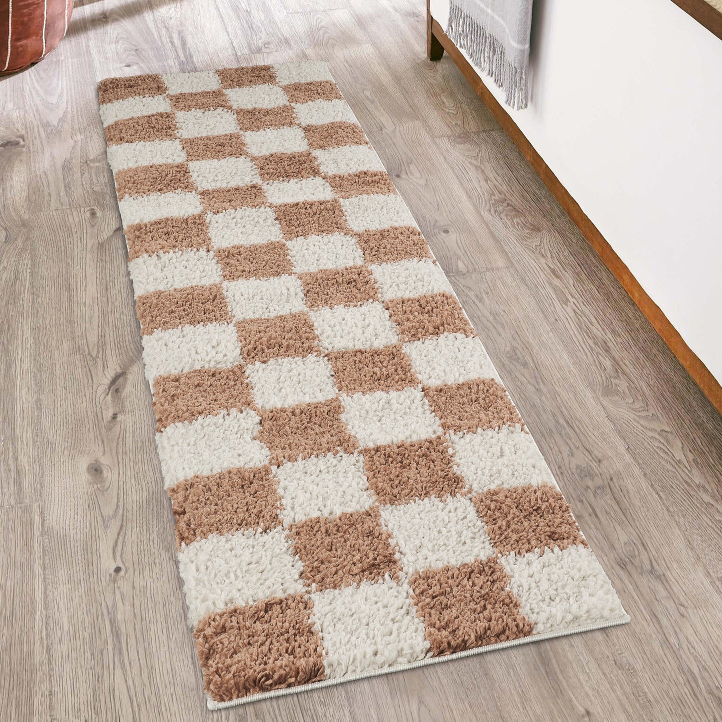 Chester Living Room Shaggy Area Rug Modern - Contemporary Checkered Design - 8 Colours Available