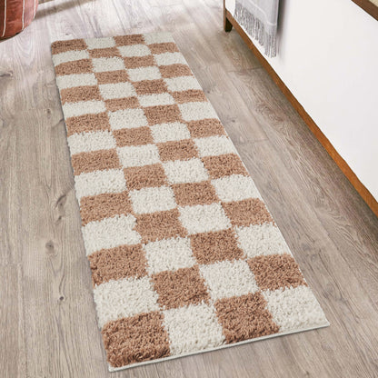 Chester Living Room Shaggy Area Rug Modern - Contemporary Checkered Design - 8 Colours Available