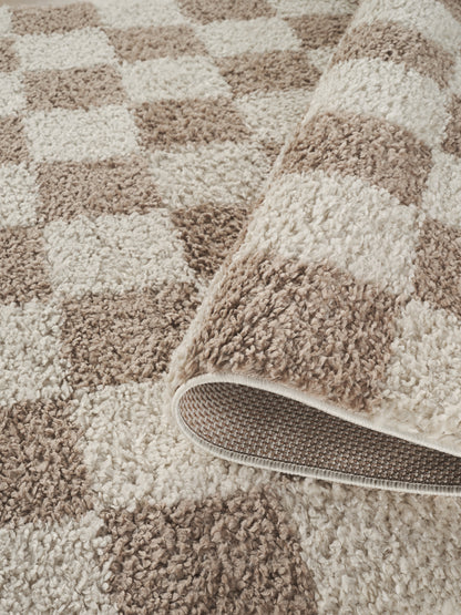 Chester Living Room Shaggy Area Rug Modern - Contemporary Checkered Design - 8 Colours Available