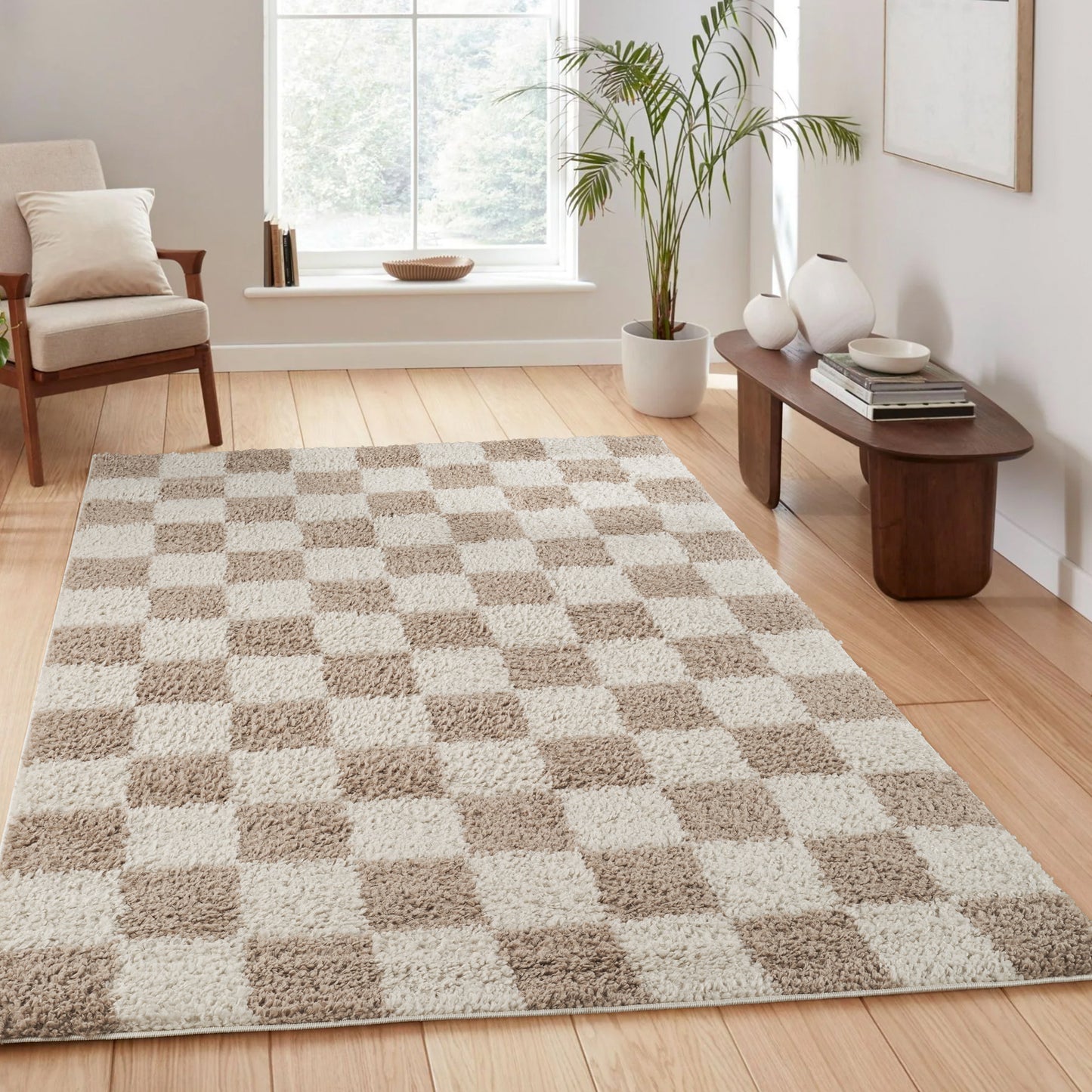 Chester Living Room Shaggy Area Rug Modern - Contemporary Checkered Design - 8 Colours Available