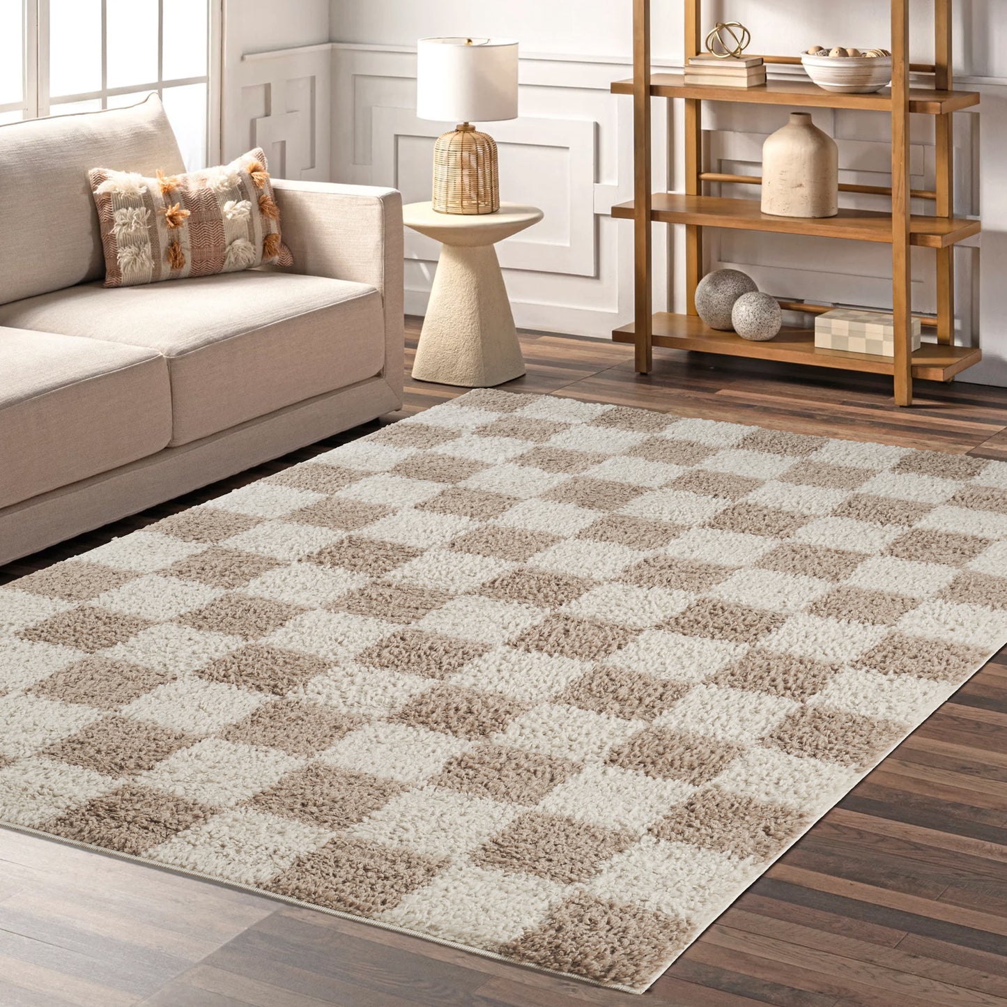 Chester Living Room Shaggy Area Rug Modern - Contemporary Checkered Design - 8 Colours Available
