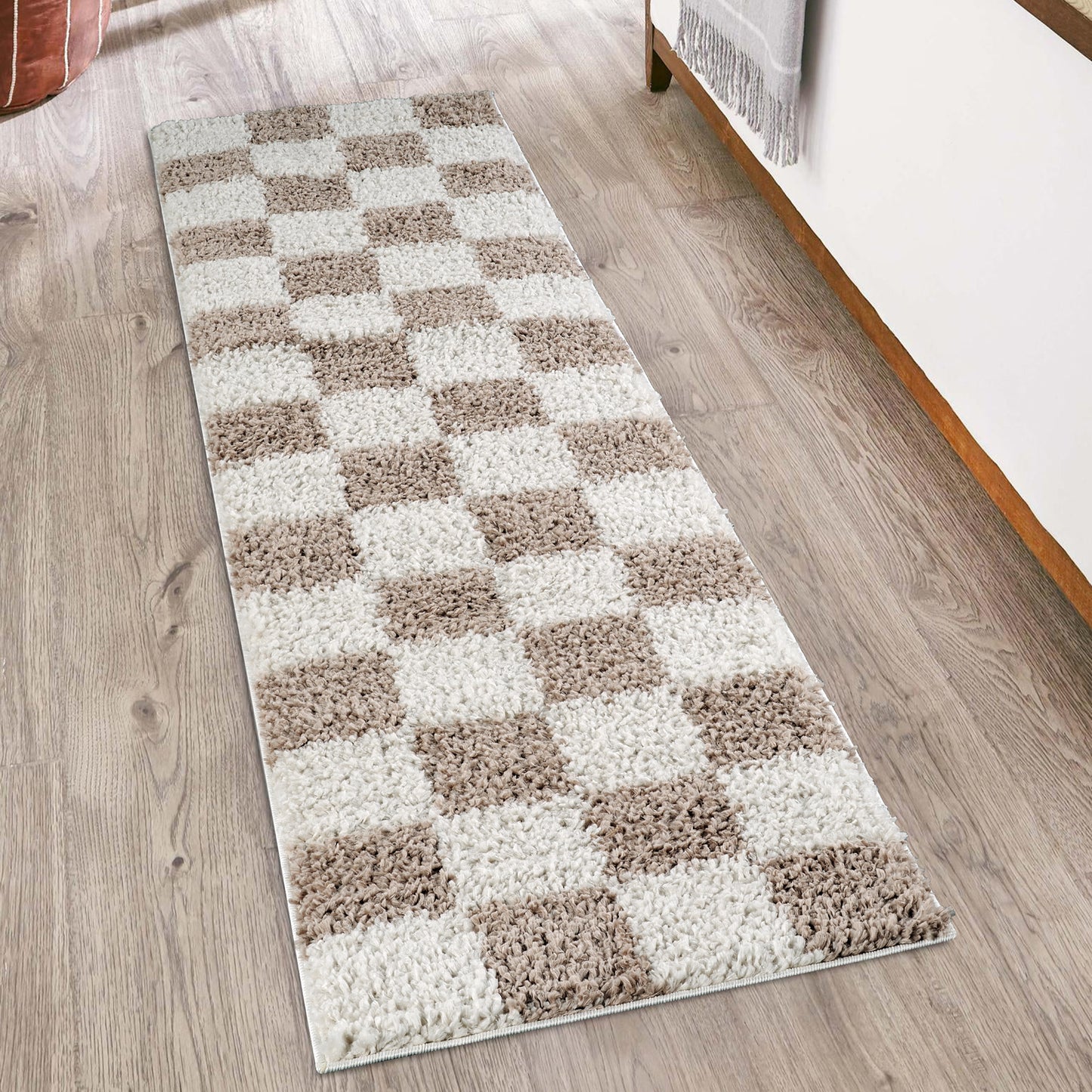 Chester Living Room Shaggy Area Rug Modern - Contemporary Checkered Design - 8 Colours Available
