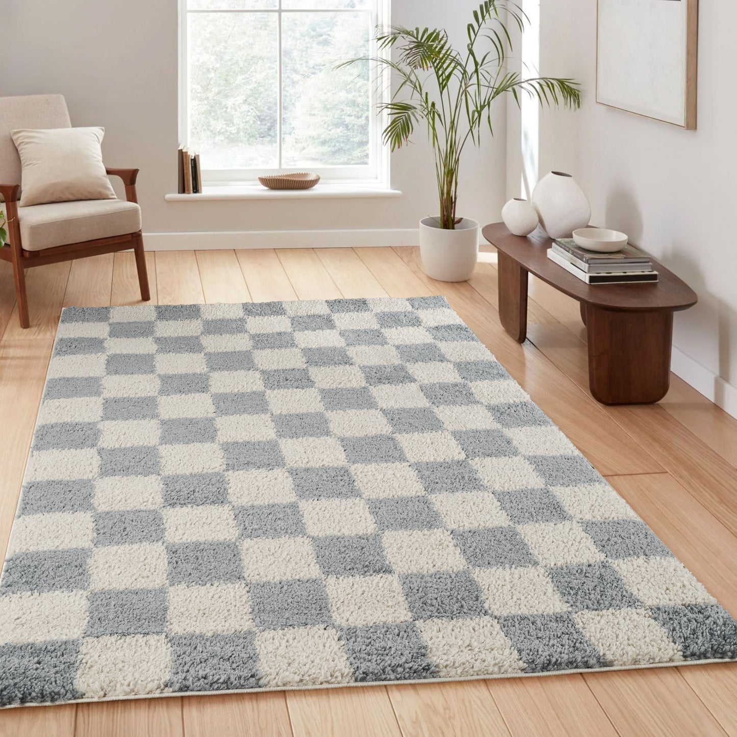 Chester Living Room Shaggy Area Rug Modern - Contemporary Checkered Design - 8 Colours Available
