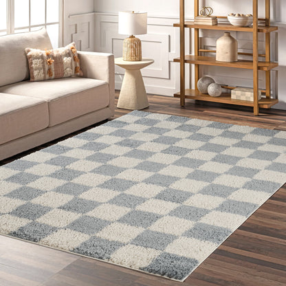 Chester Living Room Shaggy Area Rug Modern - Contemporary Checkered Design - 8 Colours Available