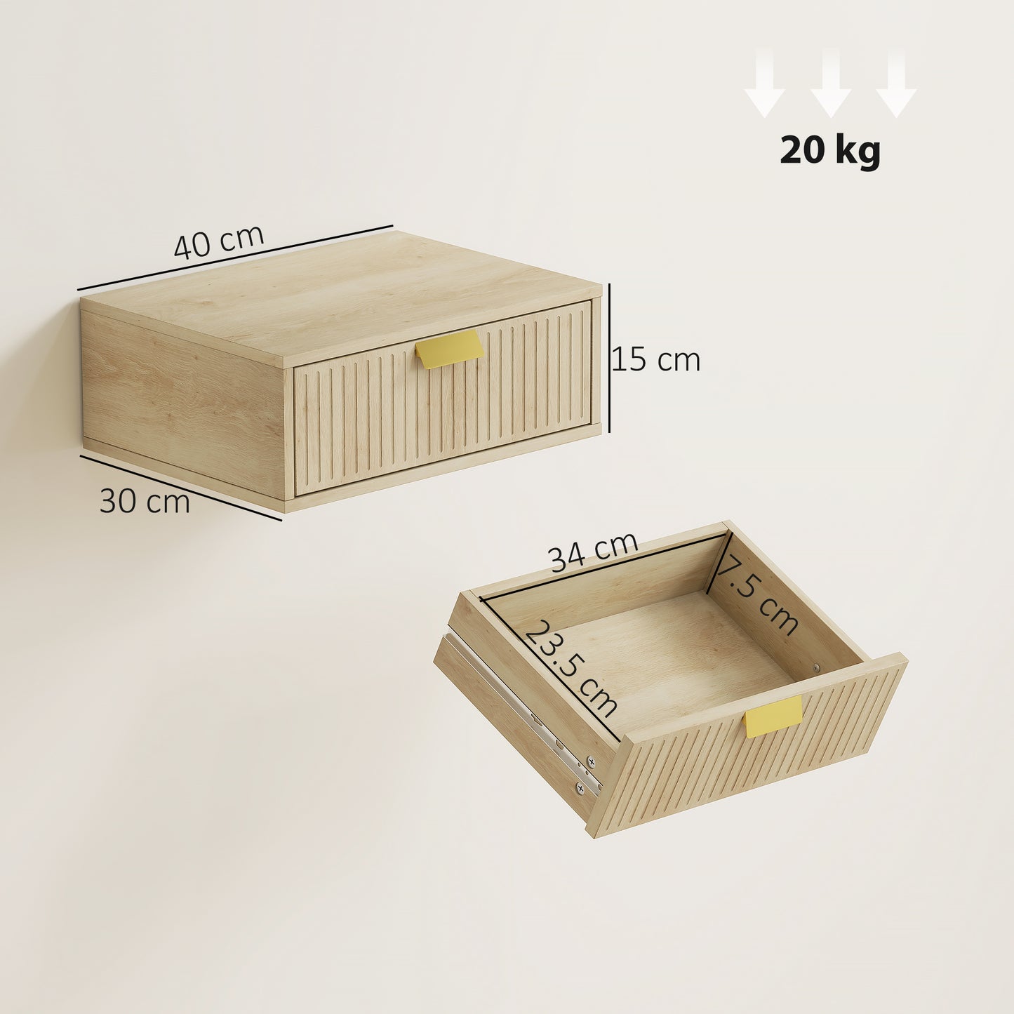 Modern Floating Nightstands Set of 2, Wall Mounted Bedside Tables with Wave Drawer for Bedroom and Living Room, 40W x 30D x 15H cm, Oak