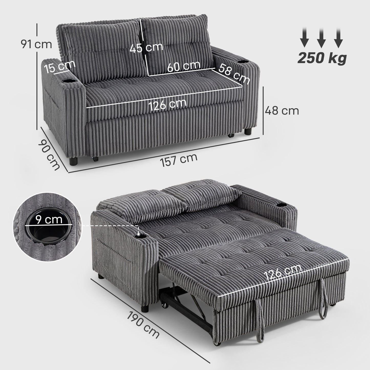 2 Seater Sofa Bed, Click Clack Pull Out Bed Settee, Charcoal Grey