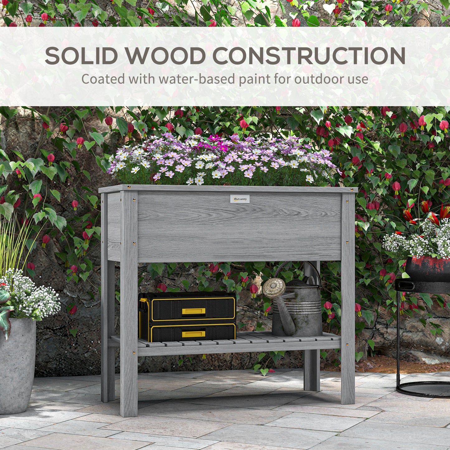 Wooden Raised Garden Bed, Elevated Planter Box with Storage Shelf