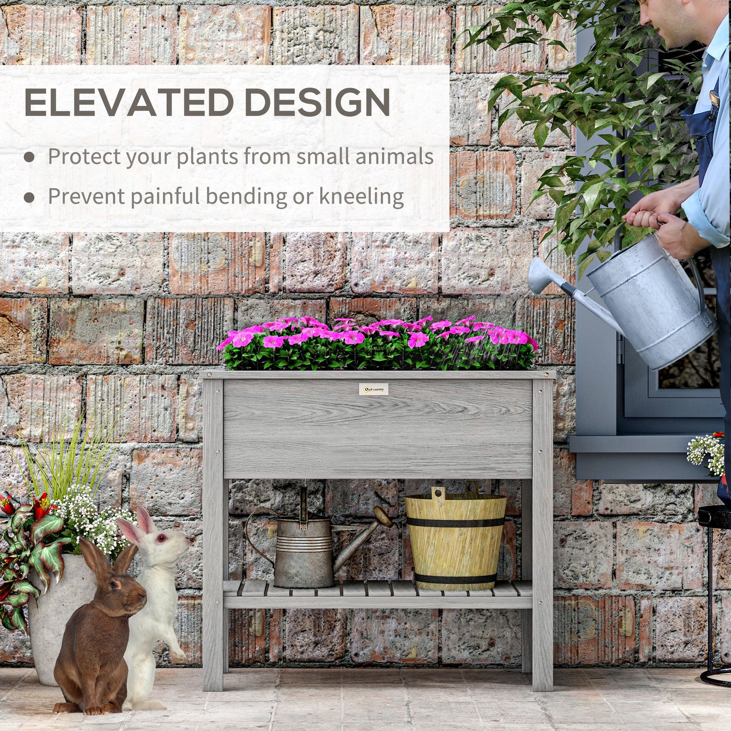 Wooden Raised Garden Bed, Elevated Planter Box with Storage Shelf