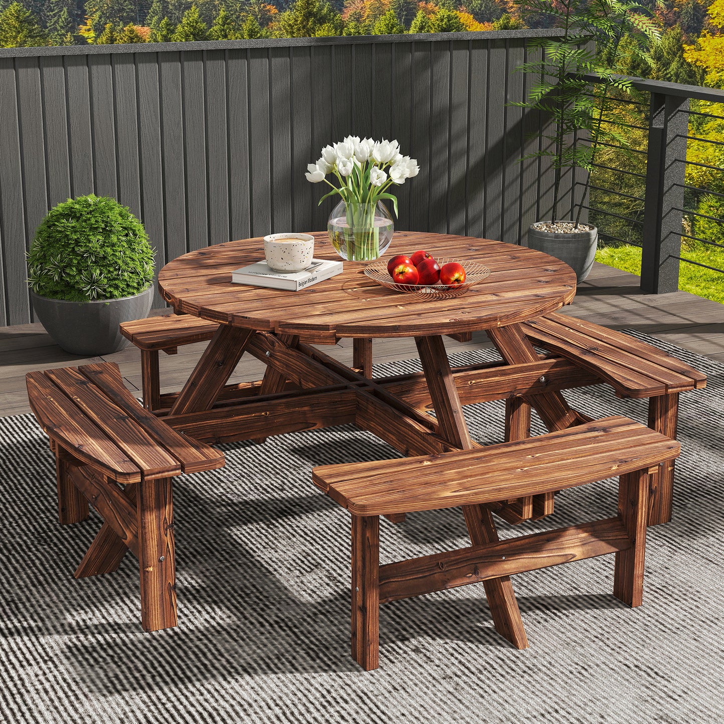 Wooden Garden Dining Set with Parasol Hole for Outdoor, Tan