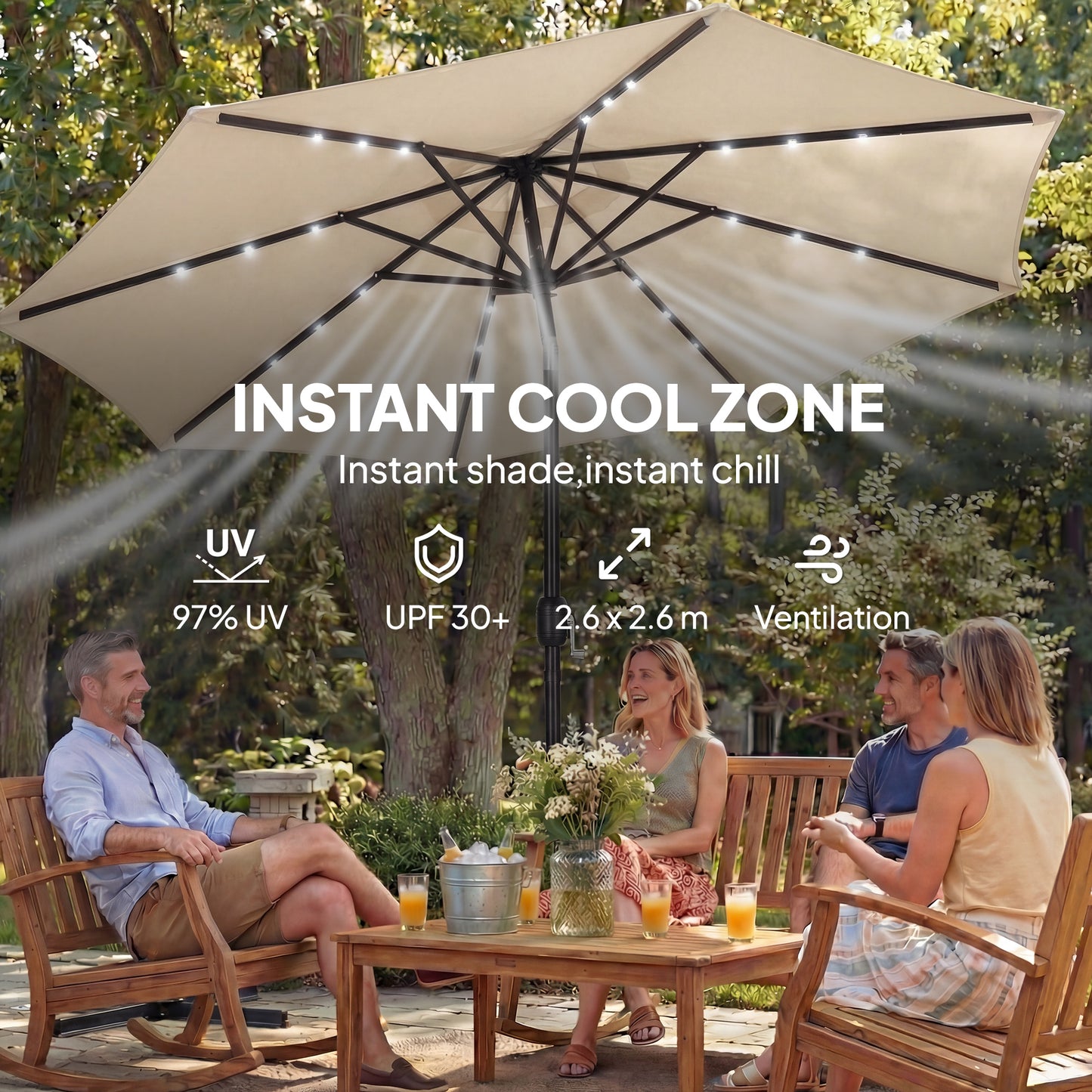 2.6 m Garden Parasol Umbrella with Light, Outdoor Patio Umbrella