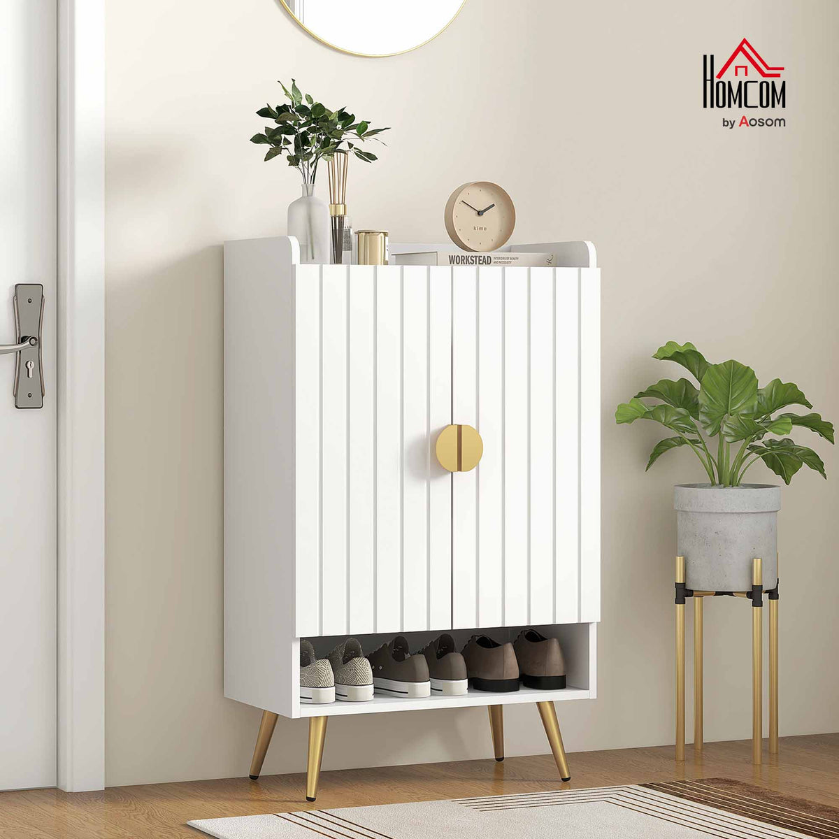 Shoe Storage Cabinet with 2 Doors for 15 Pairs of Shoes, White