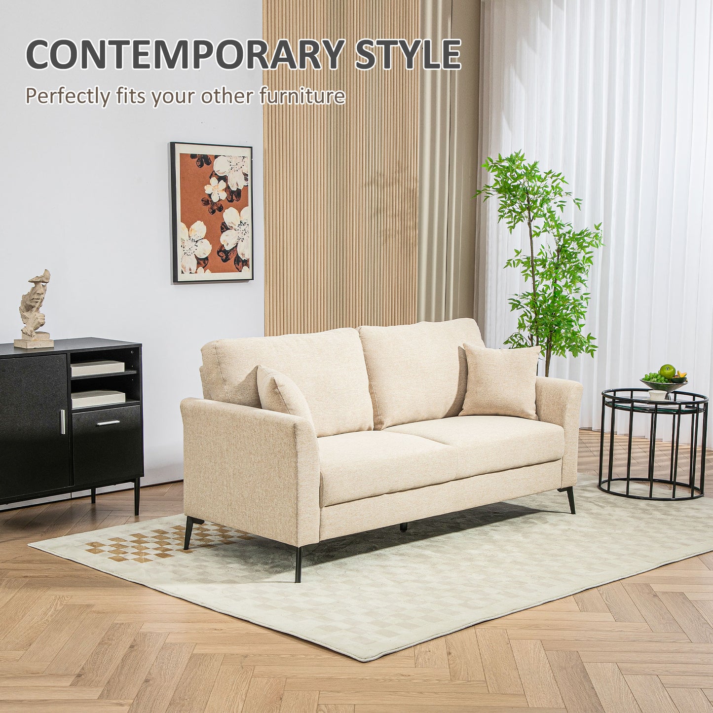 Modern Two Seater Sofa, Linen Fabric Sofa Couch for Living Room, Beige