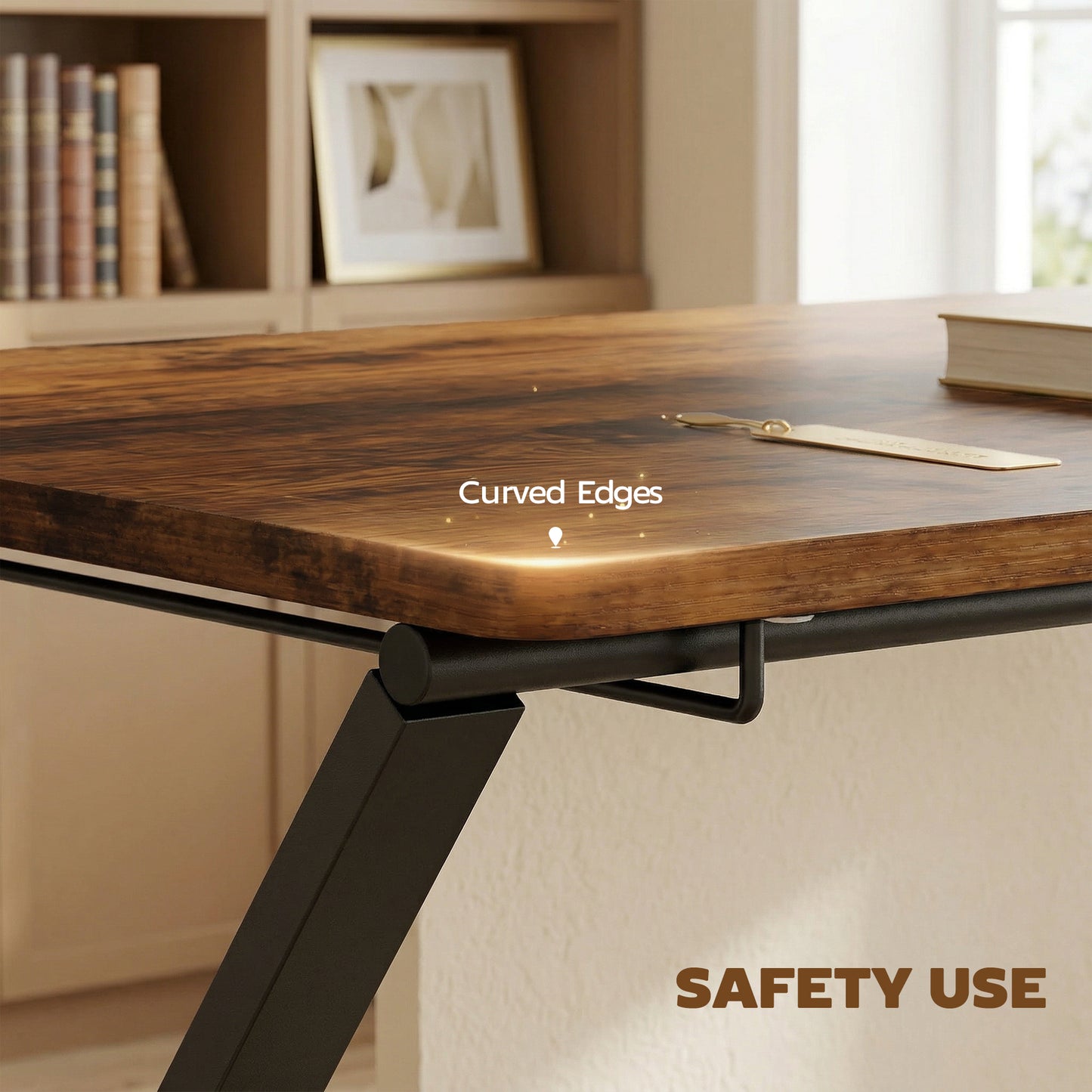 Folding Desk with 2-Tier Shelf for Home Office, Rustic Brown