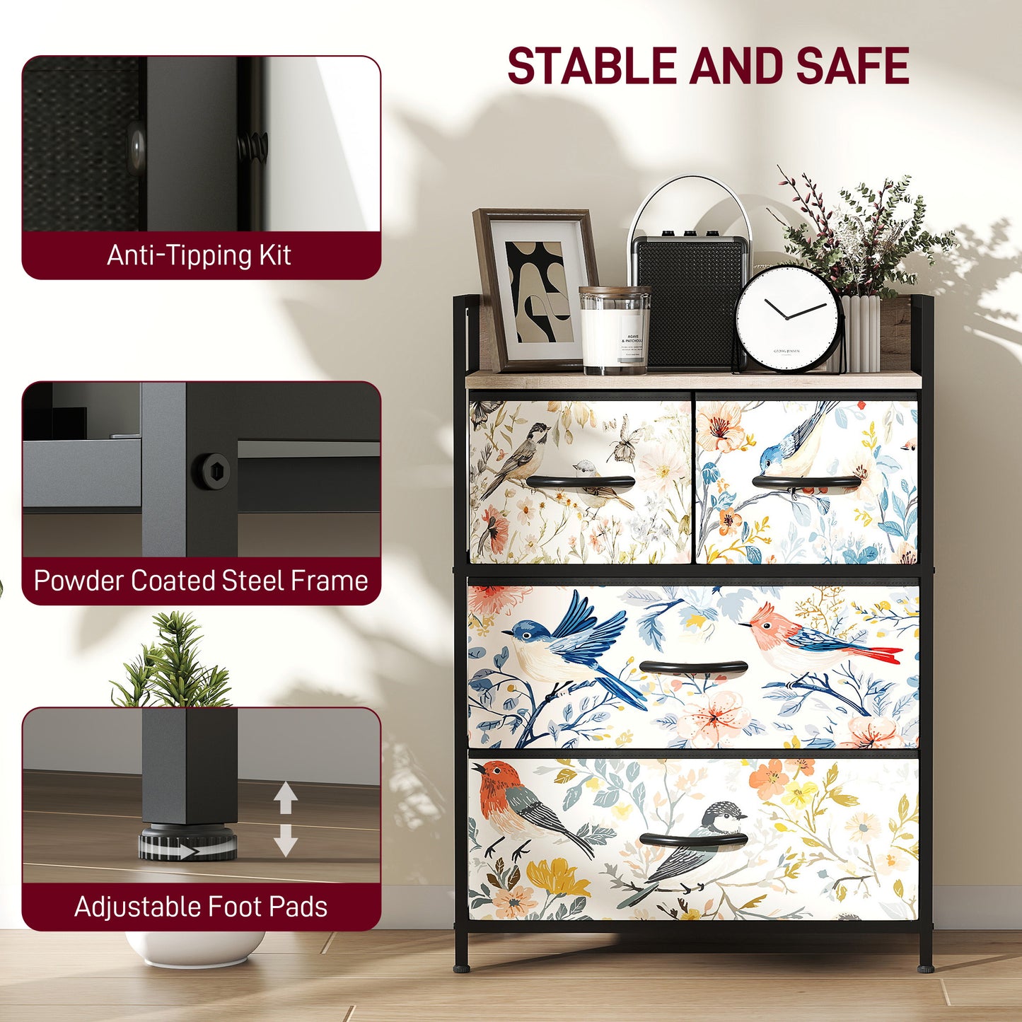 4-Drawer Chest of Drawers, Fabric Dresser, White