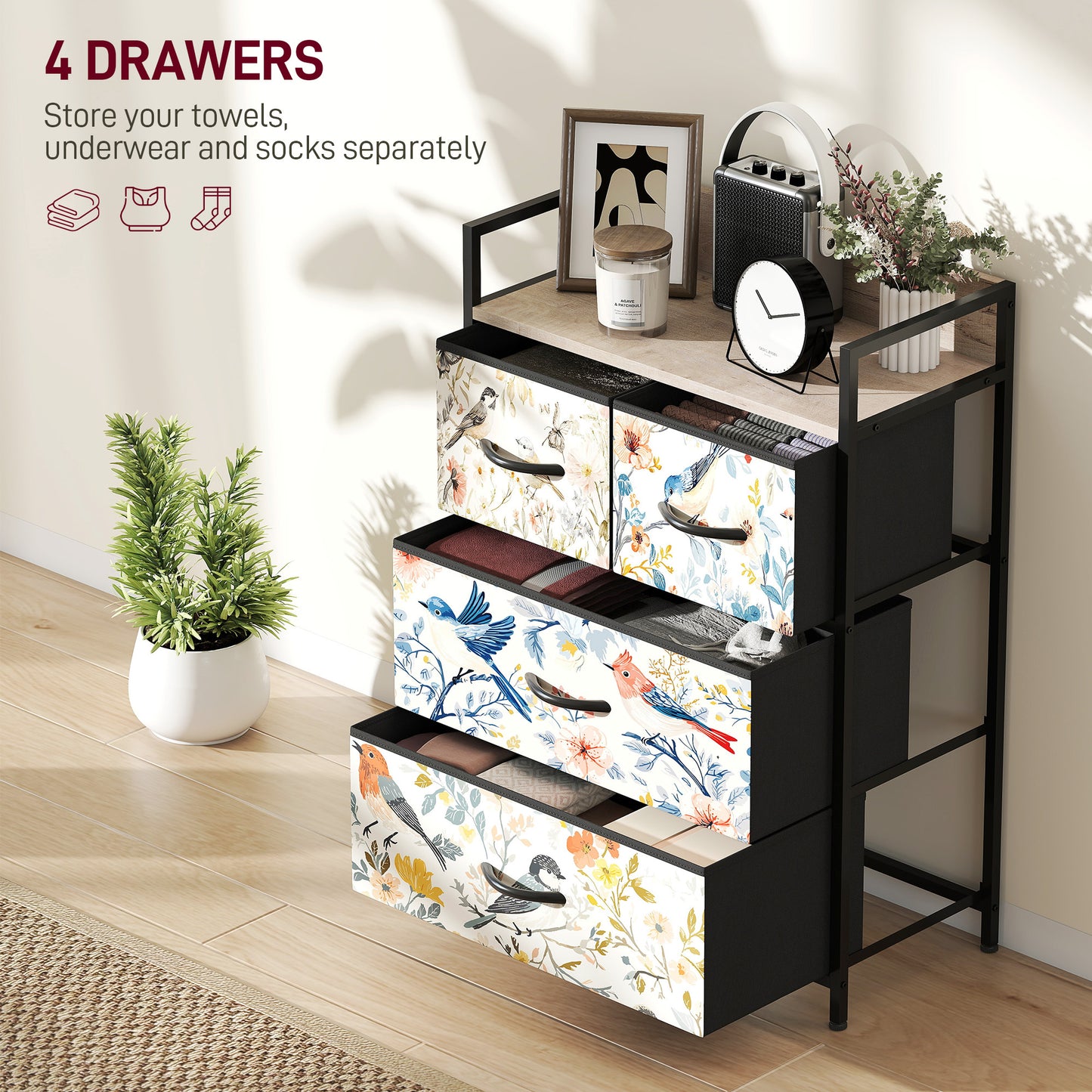 4-Drawer Chest of Drawers, Fabric Dresser, White
