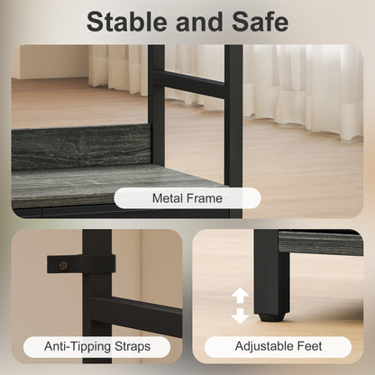 Industrial Bookshelf with 4 Shelves and 3 Fabric Drawers Grey