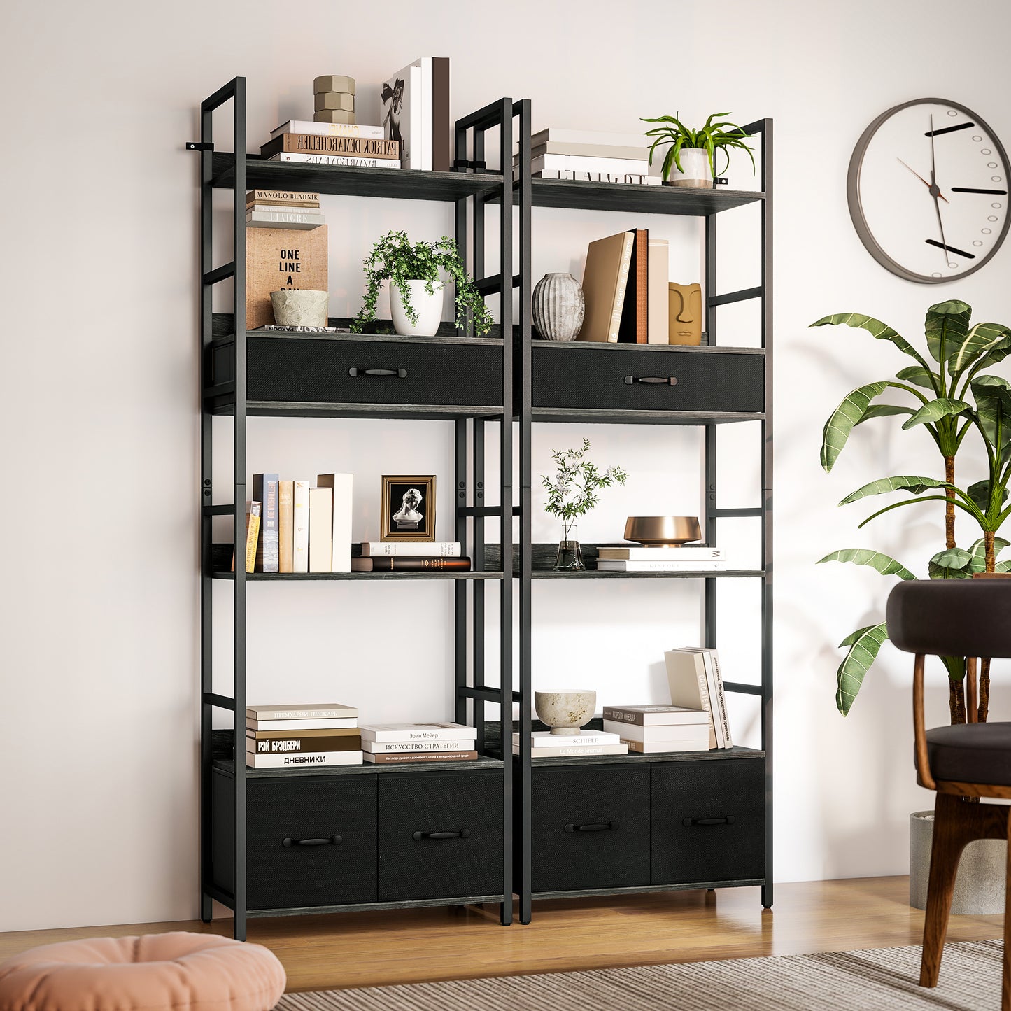 Industrial Bookshelf with 4 Shelves and 3 Fabric Drawers Grey