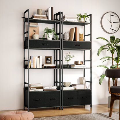 Industrial Bookshelf with 4 Shelves and 3 Fabric Drawers Grey