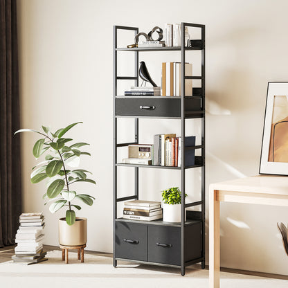 Industrial Bookshelf with 4 Shelves and 3 Fabric Drawers Grey