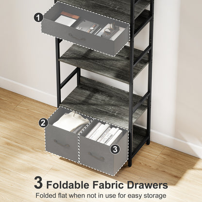 Industrial Bookshelf with 4 Shelves and 3 Fabric Drawers Grey