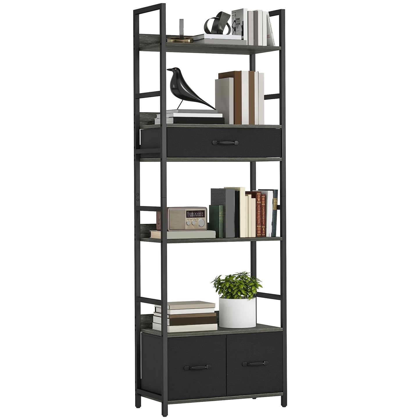 Industrial Bookshelf with 4 Shelves and 3 Fabric Drawers Grey