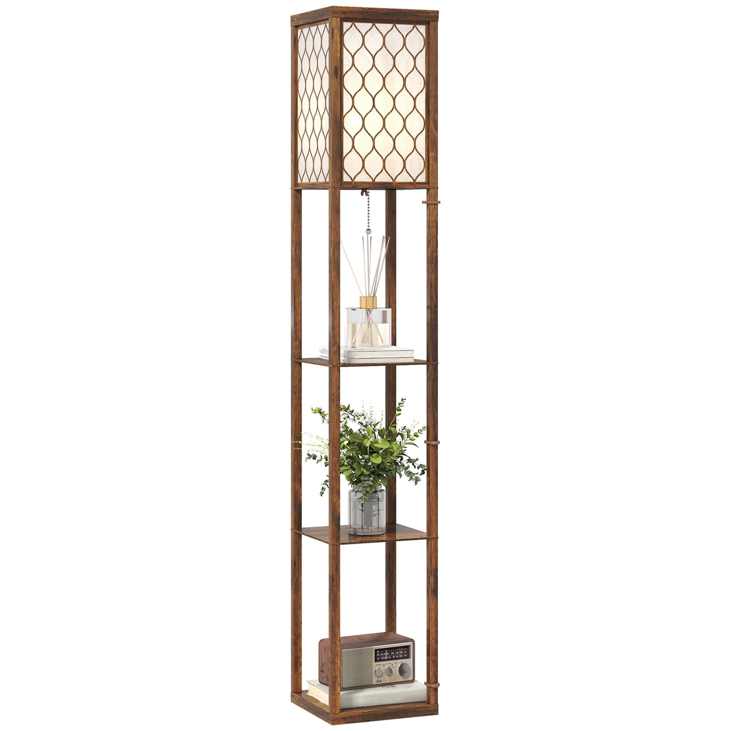 Modern Floor Lamp Light with 3 Shelves Fabric Lampshade, Rustic Brown