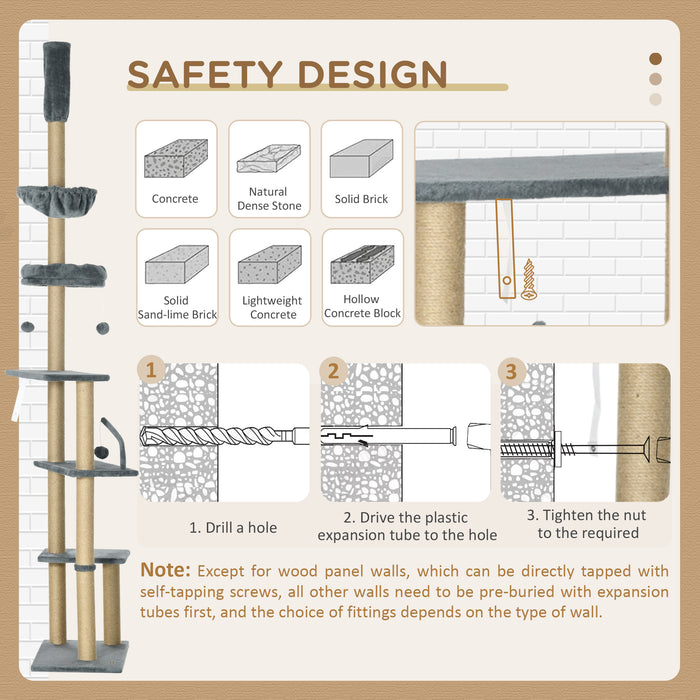 Floor to Ceiling Cat Tree, 6-Tier Play Tower Climbing Activity Center w/ Scratching Post, Hammock, Adjustable Height 230-250cm, Grey