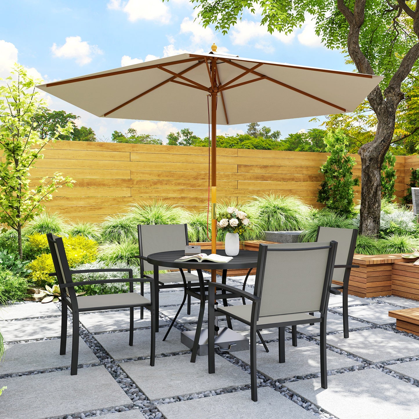 5 Piece Garden Furniture Set with Round Table & 4 Stackable Chairs