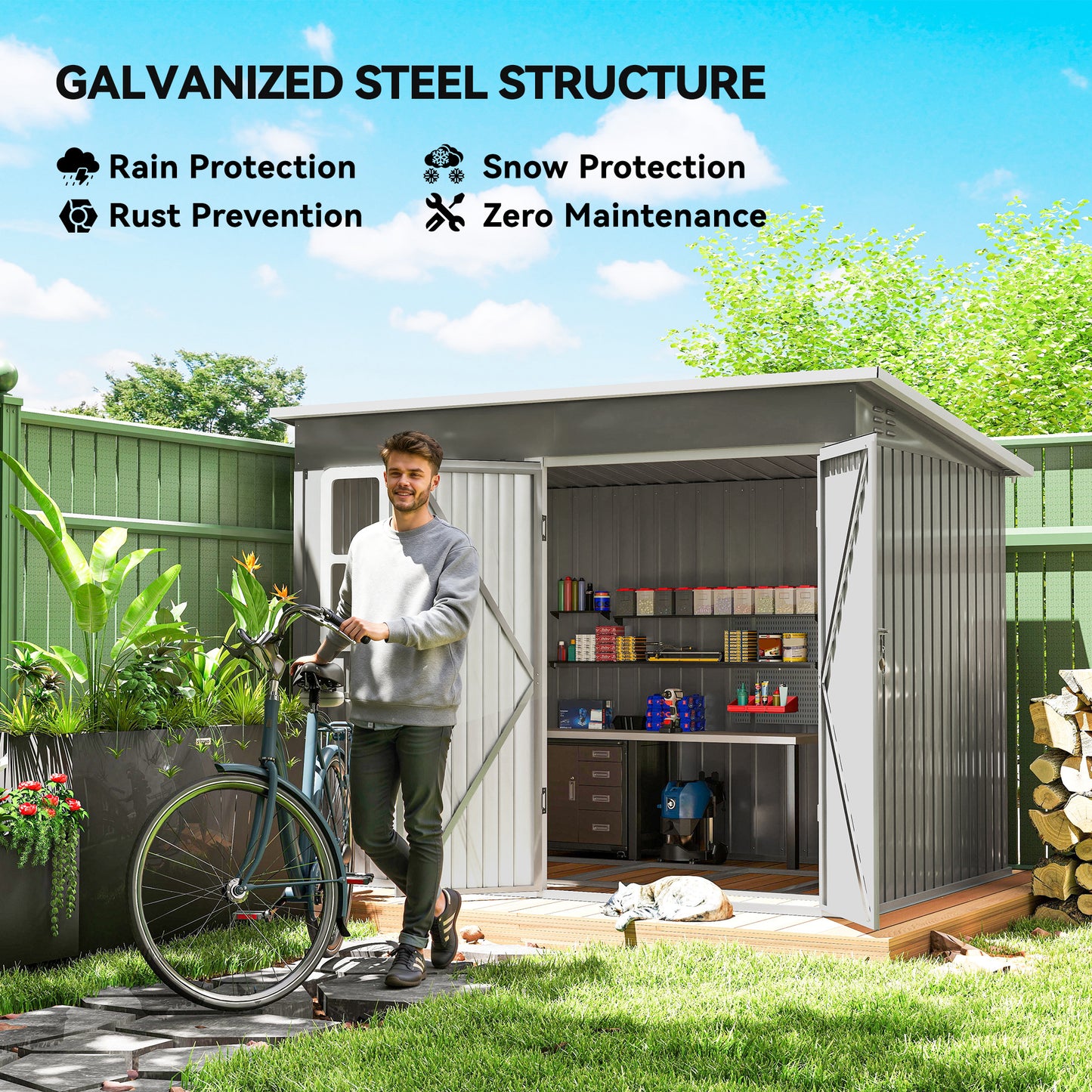 8.5 x 6ft Galvanised Steel Garden Shed with Foundation Kit, Grey