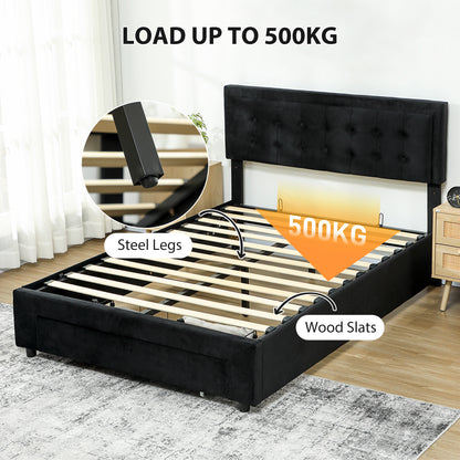 King Size Bed Frame with Storage and Adjustable Headboard, Black