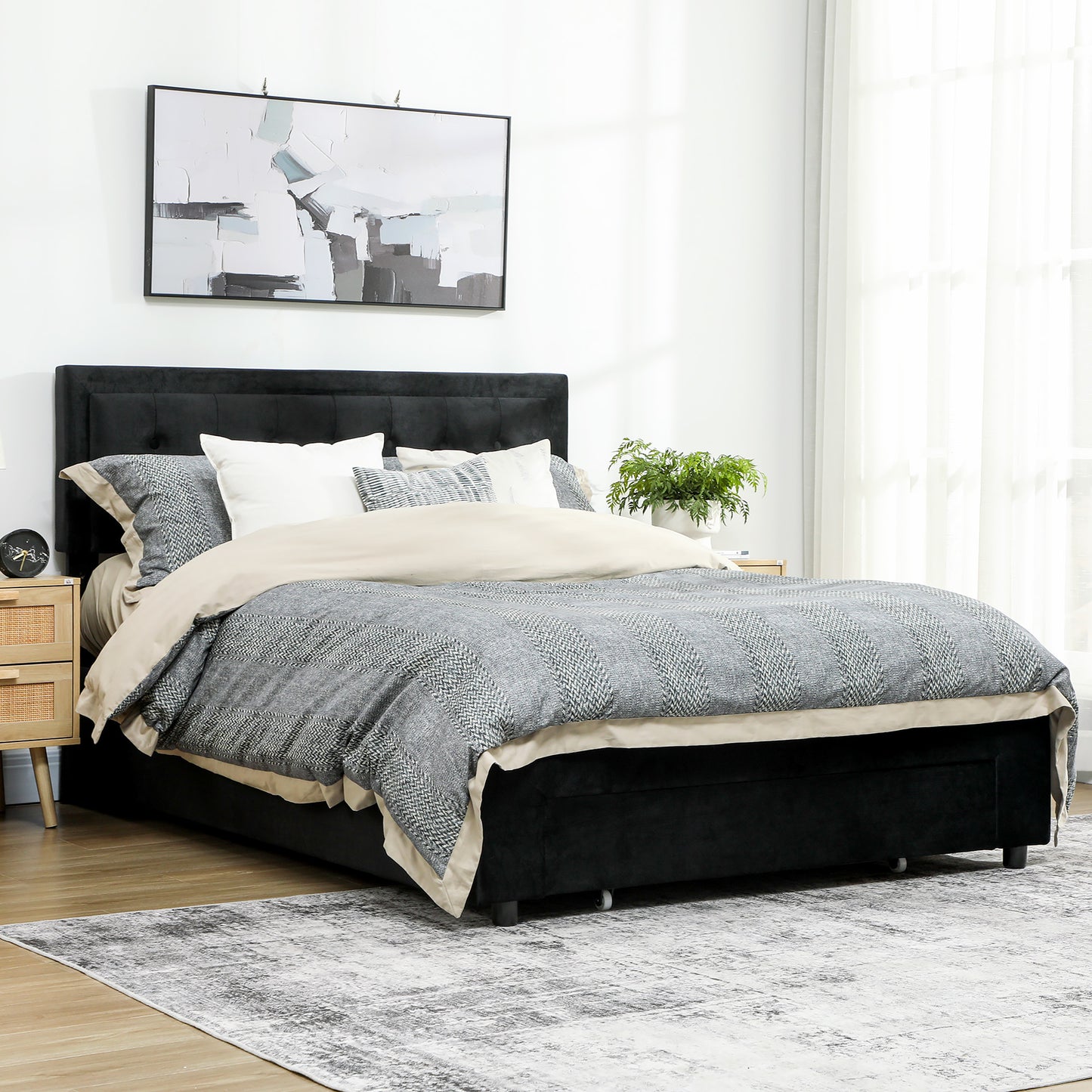 King Size Bed Frame with Storage and Adjustable Headboard, Black