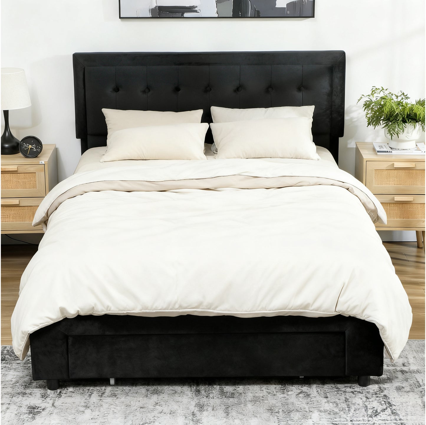 King Size Bed Frame with Storage and Adjustable Headboard, Black