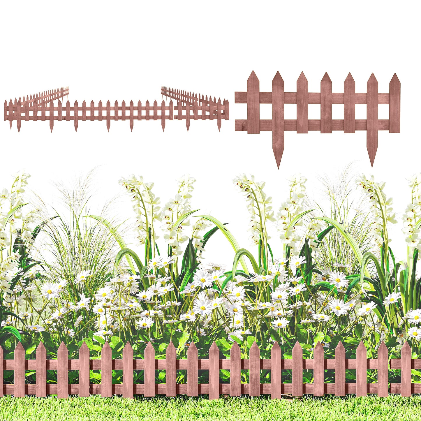 Pack of 12 Wooden Border Fences, Garden Fixed Picket Fence for Lawn Edging, Flowerbed, 60L x 1D x 34H cm, Rustic Brown