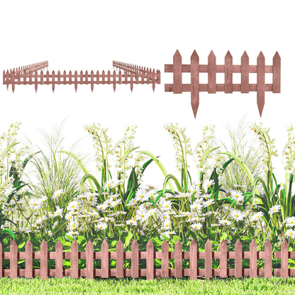 Pack of 12 Wooden Border Fences, Garden Fixed Picket Fence for Lawn Edging, Flowerbed, 60L x 1D x 34H cm, Rustic Brown