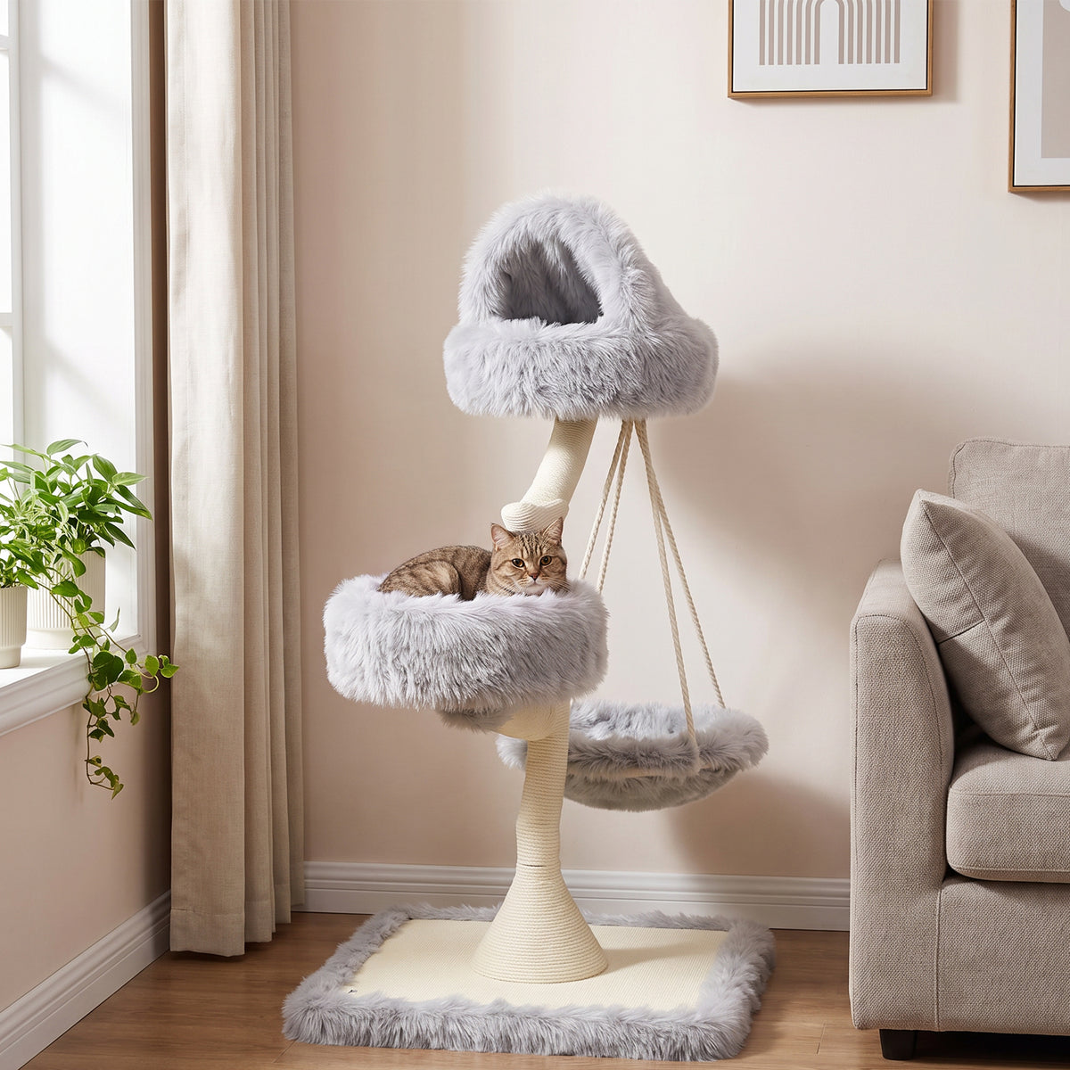 115cm Branch-Style Cat Tree with 2 Washable Beds and Hammock - Light Grey
