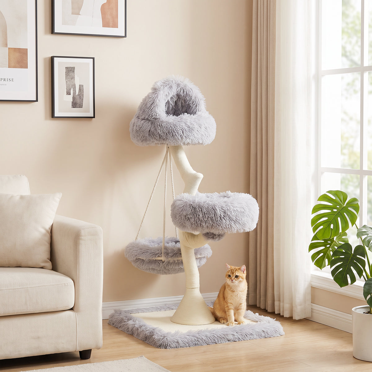 115cm Branch-Style Cat Tree with 2 Washable Beds and Hammock - Light Grey
