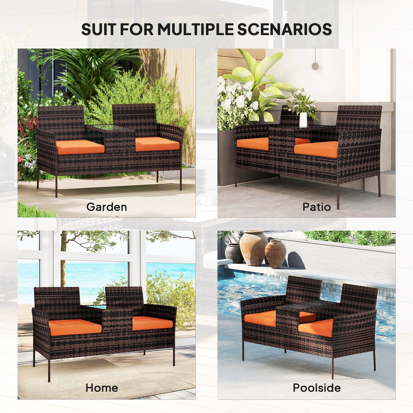 Rattan Garden Bench w/ Glass Tea Table, Wicker Chair w/ Cushions