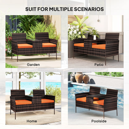 Rattan Garden Bench w/ Glass Tea Table, Wicker Chair w/ Cushions