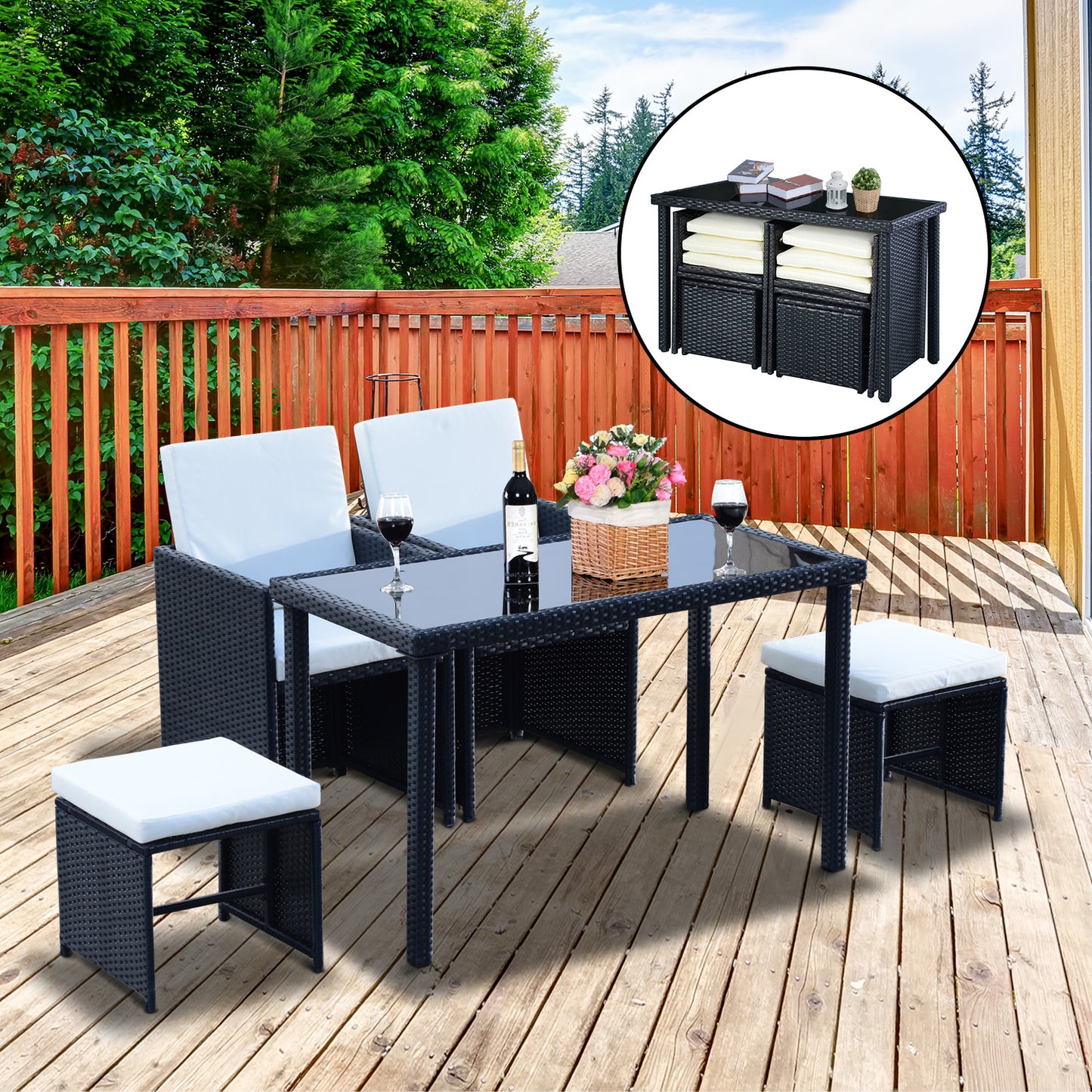 4-Seater Rattan Garden Furniture Space-saving Wicker Weave Sofa Set Conservatory Dining Table Table Chair Footrest Cushioned Black