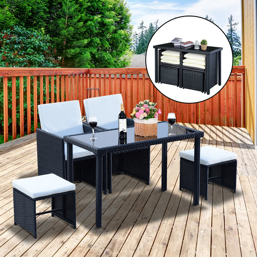 4-Seater Rattan Garden Furniture Space-saving Wicker Weave Sofa Set Conservatory Dining Table Table Chair Footrest Cushioned Black