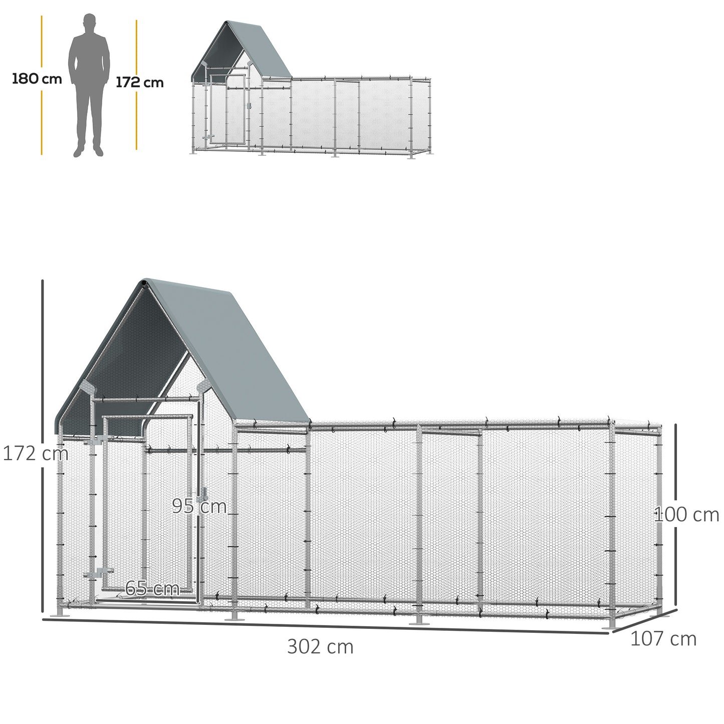 Walk In Chicken Run Large Outdoor Chicken Cage Coop w/ Cover 3 x 1 x 1.7m