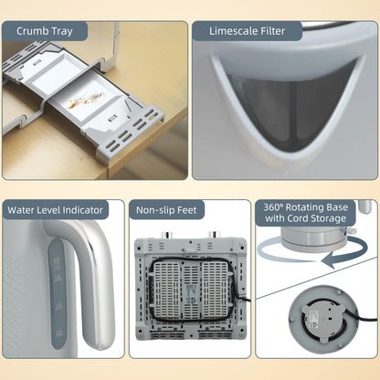 Kettle and Toaster Set with 3000W Rapid Boil, 4 Slice Toaster, Grey