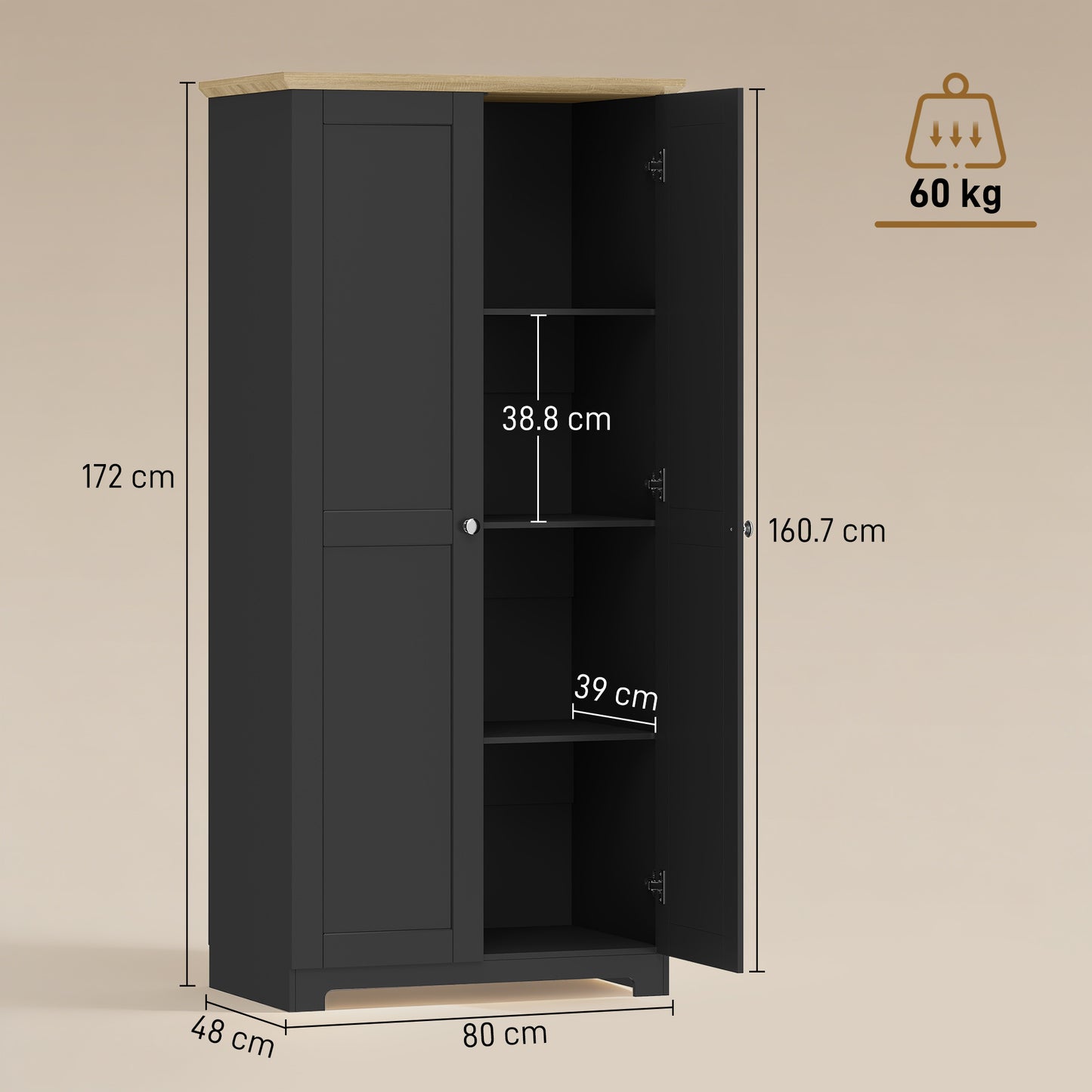 172cm Wooden Storage Cabinet Cupboard With 4 Shelves Black