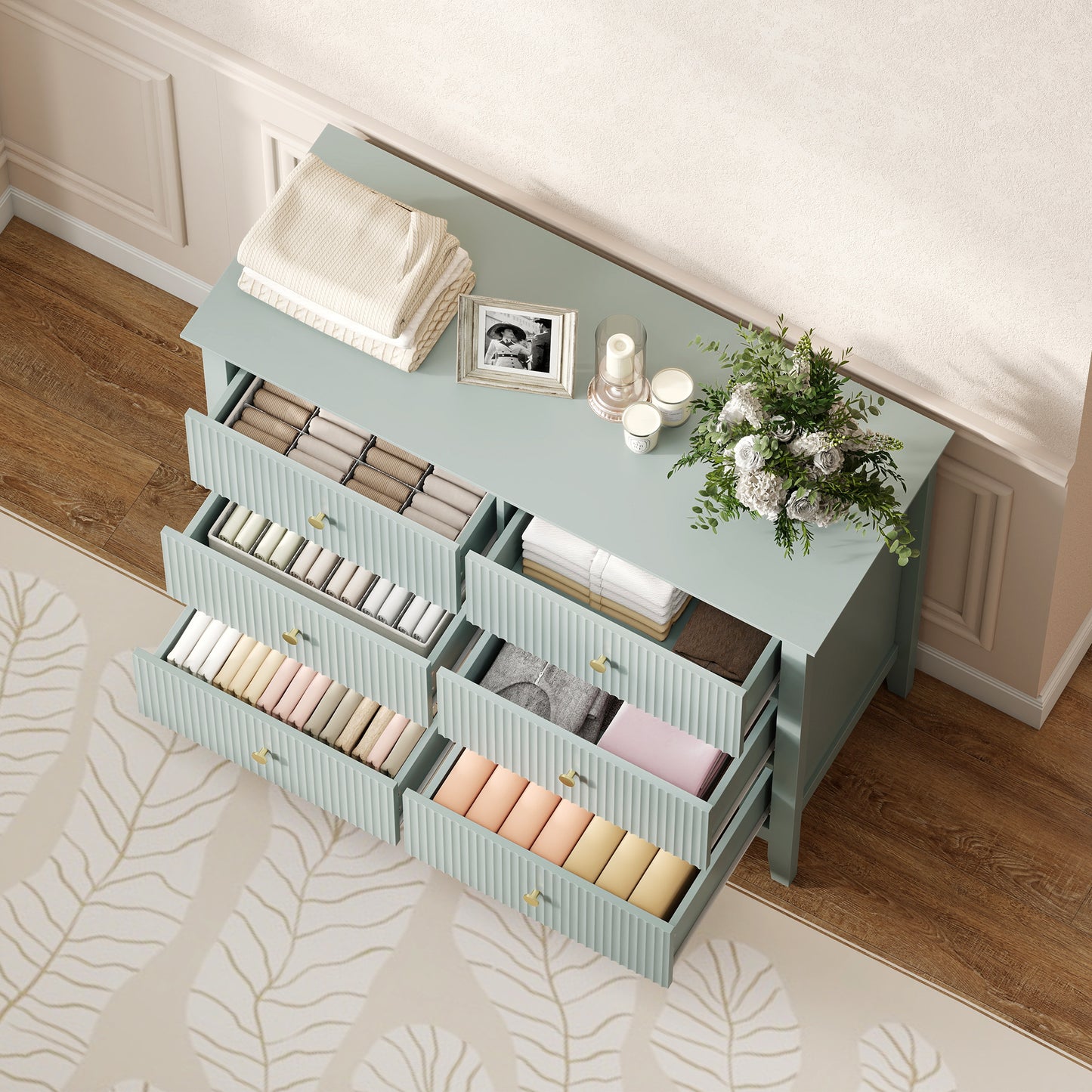Fluted Chest of Drawers 6 Drawer Dresser for Bedroom Hallway Green