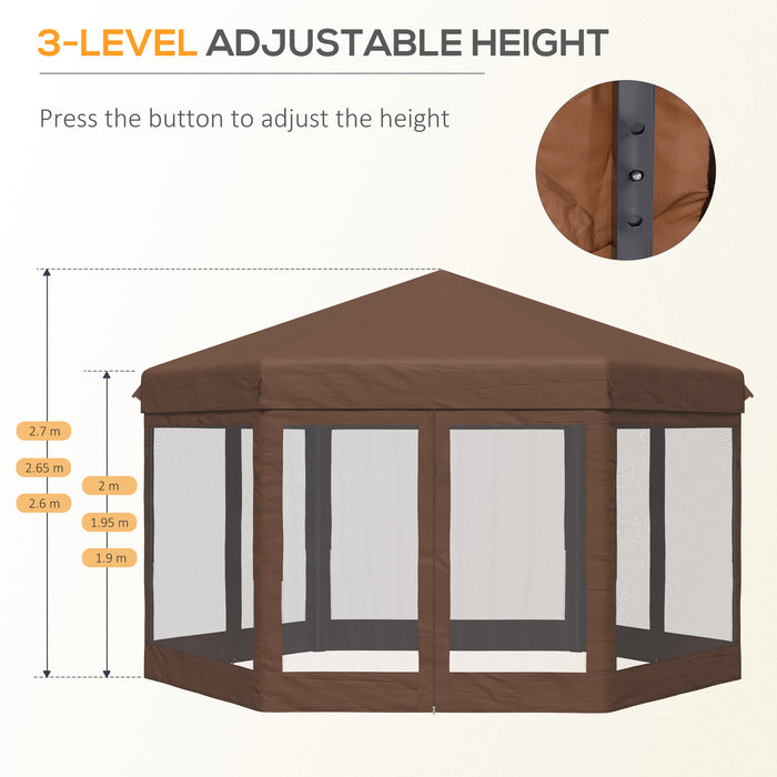 3x3.5m Hexagonal Pop Up Gazebo Party Canopy Height Adjustable Tent Sun Shelter w/ Mosquito Netting Zipped Door, Brown