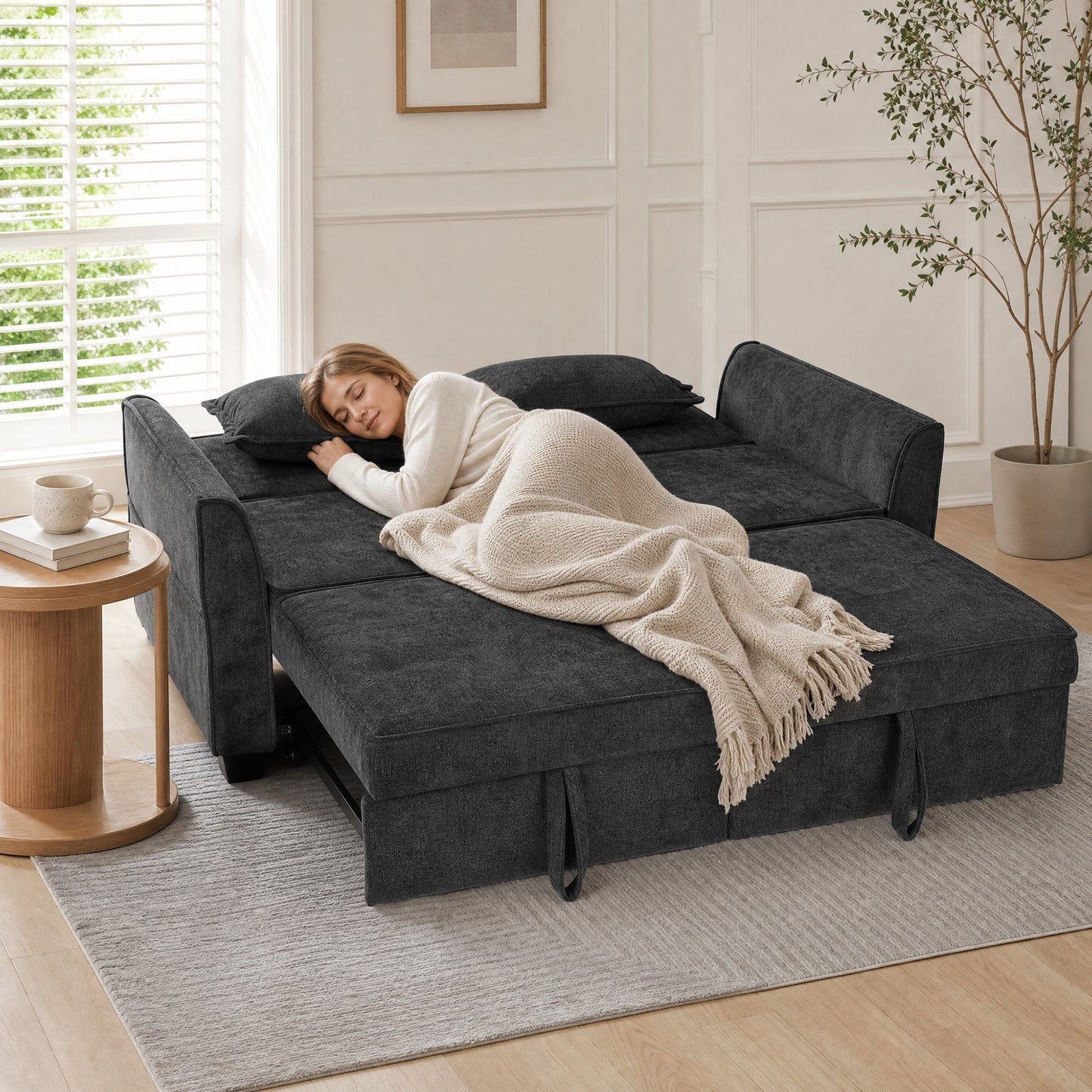 2 Seater Sofa Bed, 4-in-1 Convertible Pull Out Sleeper Sofa, Black