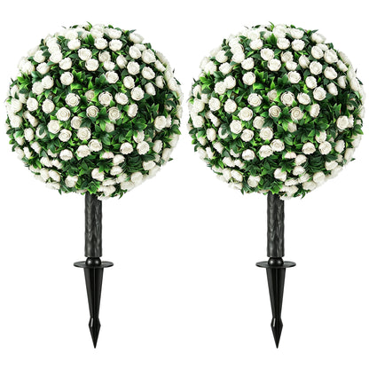 Set of 2 55 cm Artificial Rose Topiary with Ground Stake, UV-Resistant Fake Plants with 306 Roses and Leaves for Indoor Outdoor Home Office Garden Decor, White