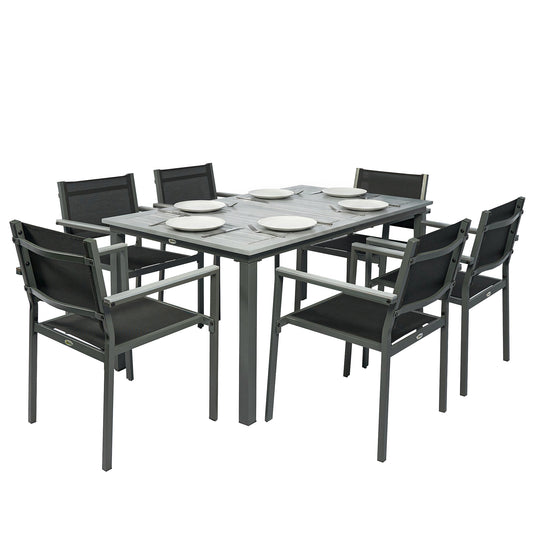 Garden Dining Set with Acacia Wood Table Top, Outdoor Table and Stackable Chairs Set for 6 with Texteline Seat, for Patio, Conservatory, Terrace, Grey